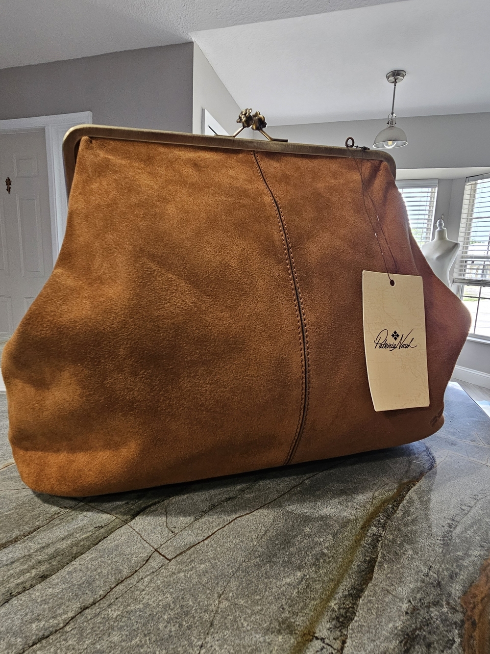 Patricia Nash Serafina Oversized Suede Kisslock Satchel Cognac NWT - Picture 5 of 17